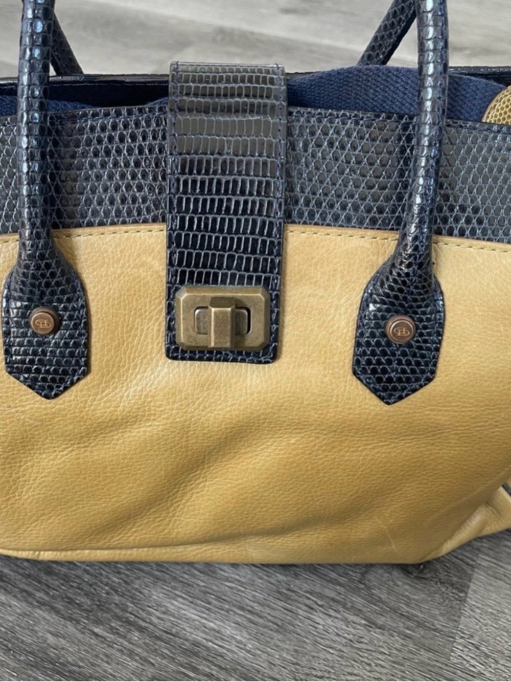 Dotti Two-Tone Black and Tan Tote with Turn-Lock Detail